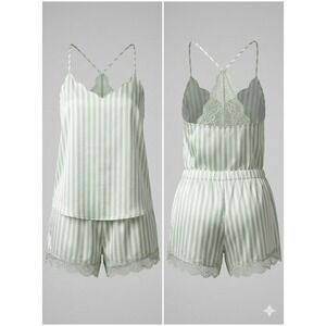Victorias Secret Satin Pajama Set Large Mint Green White Striped Cami & Shorts